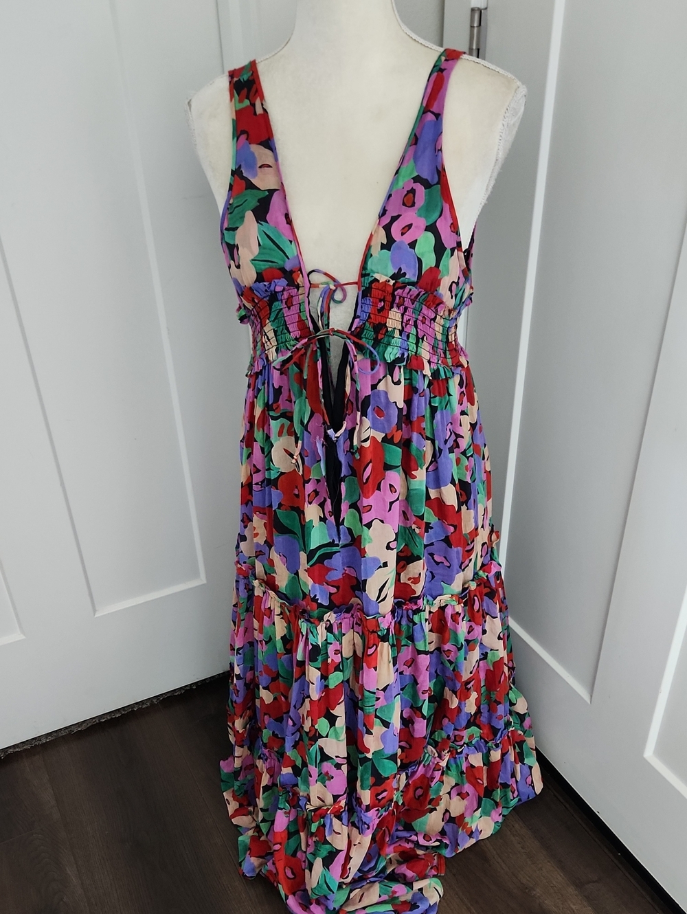Nicholas 10 Myla Maxi Dress Red Cotton Silk Floral Shirred V Neck Sleeveless